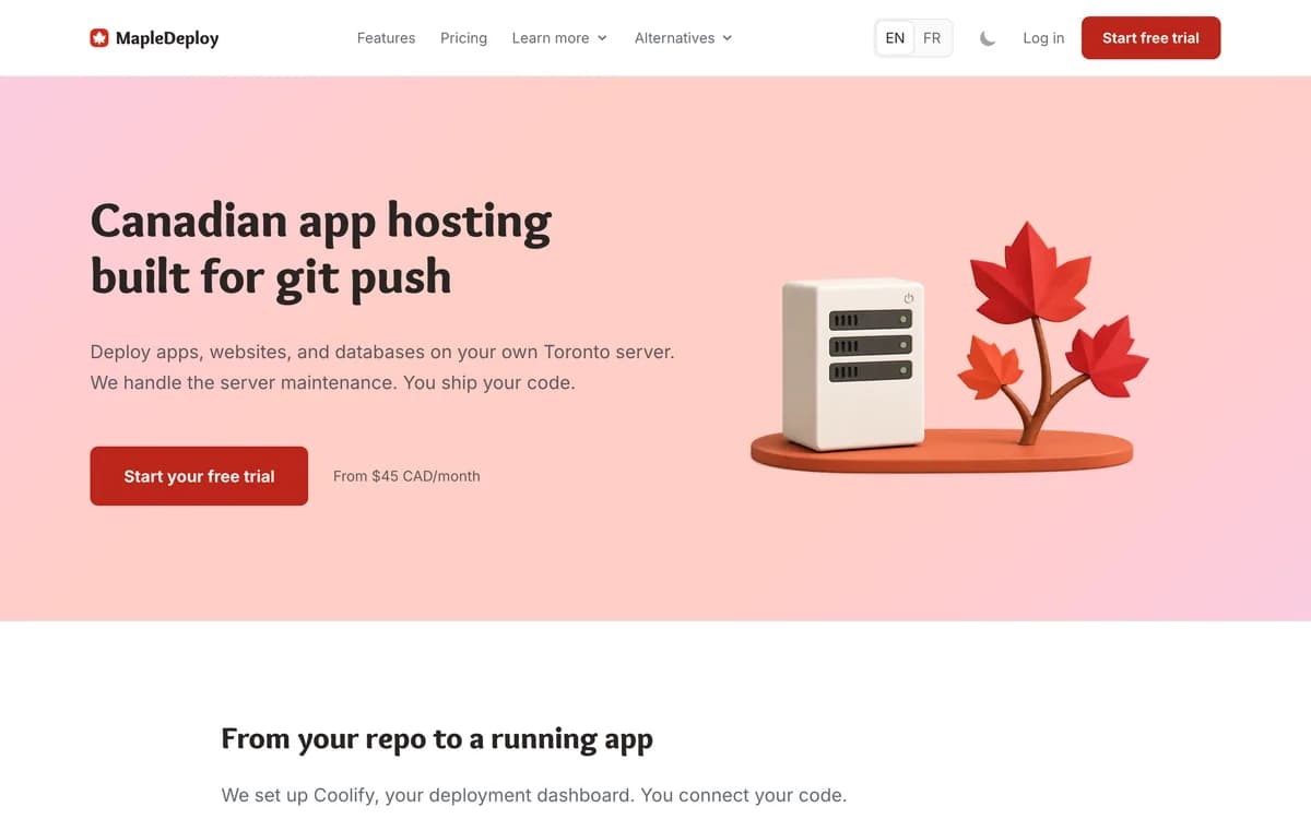 The MapleDeploy homepage