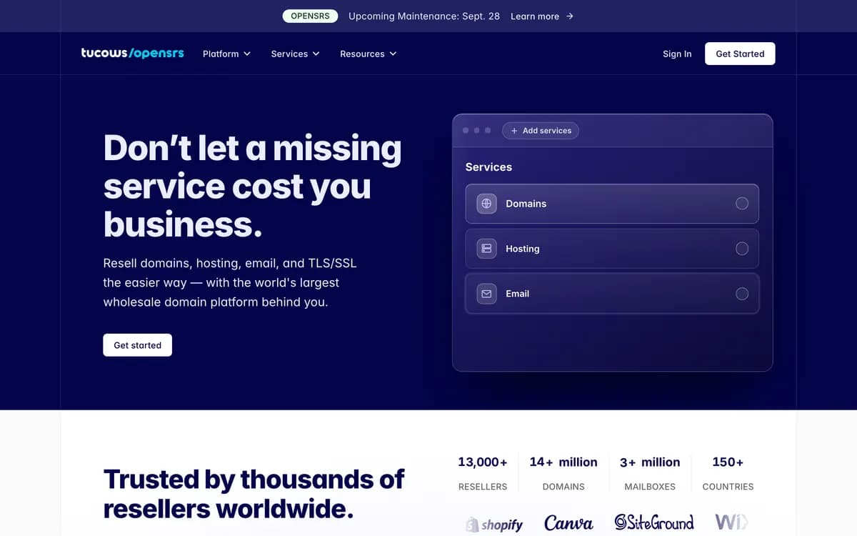 The OpenSRS homepage